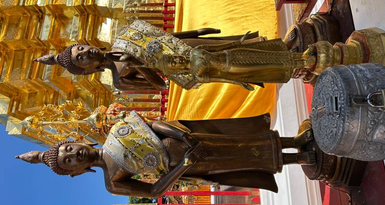 Estatuas de Buda cubiertas con túnicas decorativas en un entorno de templo.