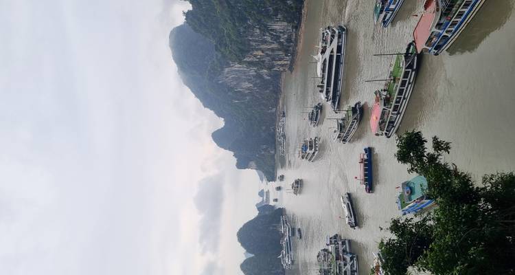 Vista panorámica de la Bahía de Halong con barcos y formaciones kársticas.