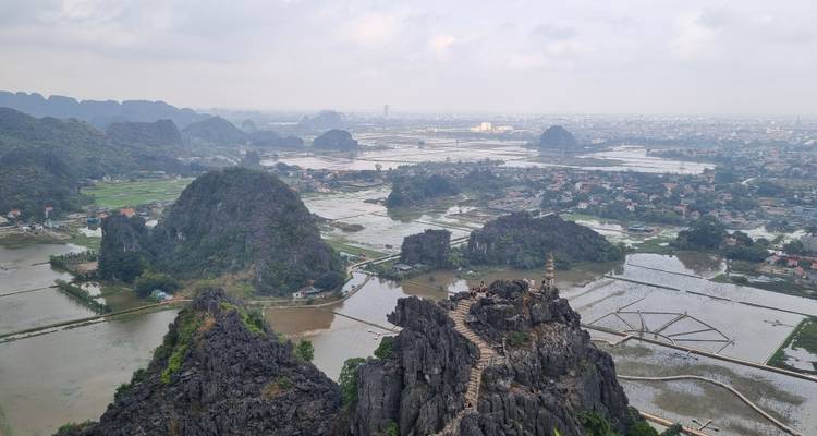 Vista de un valle con campos de arroz y montañas en la distancia.