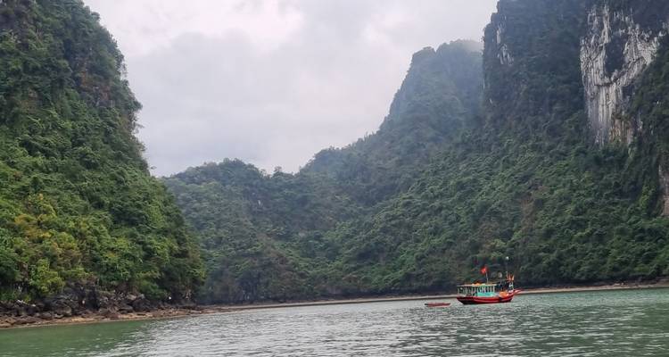 Pequeño bote en una bahía tranquila rodeada de acantilados verdes.