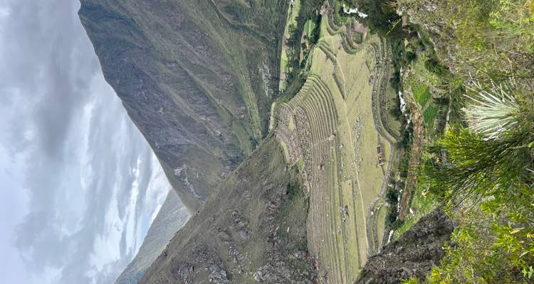 Terrassenfelder in einem von Bergen umgebenen Tal.
