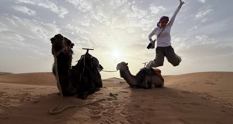 Joyful traveler jumps beside two resting camels on golden desert dunes at sunrise