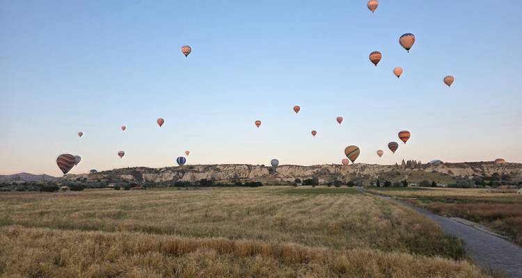 Des dizaines de montgolfières colorées s'élevant au-dessus du paysage rocheux de la Cappadoce à l'aube.