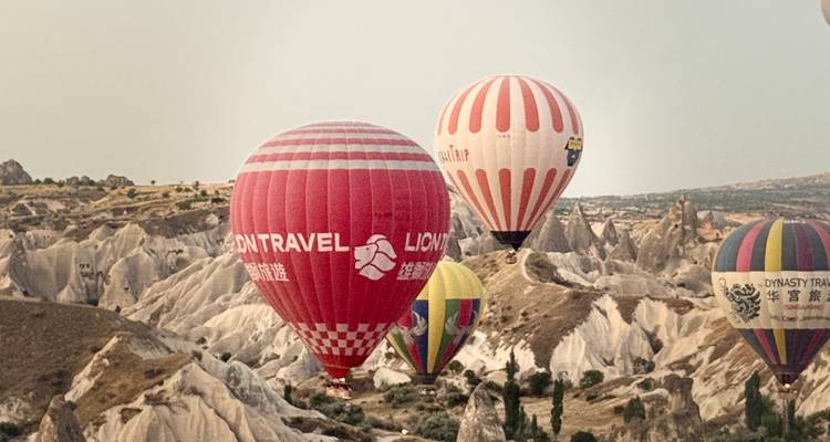 Colorful hot-air balloons drift over Cappadocia's unique rock formations in soft morning light.