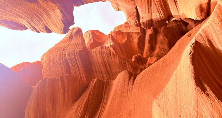 Narrow orange sandstone walls of Antelope Canyon glowing in reflected light