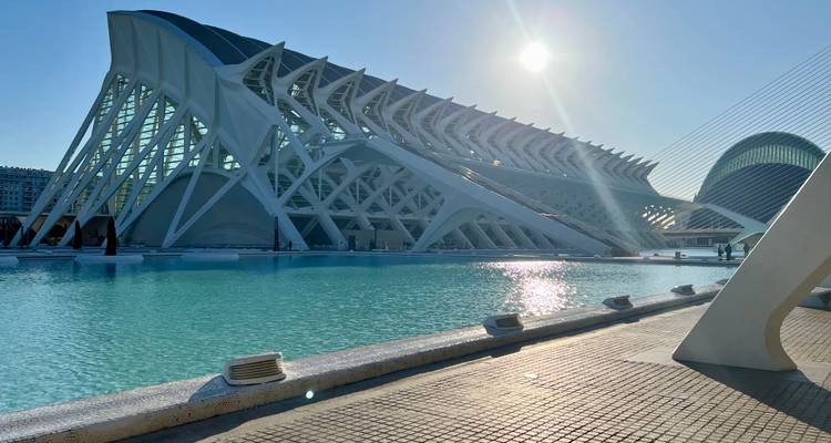 Futuristic white structure of the City of Arts and Sciences beside a turquoise reflecting pool under bright sun.