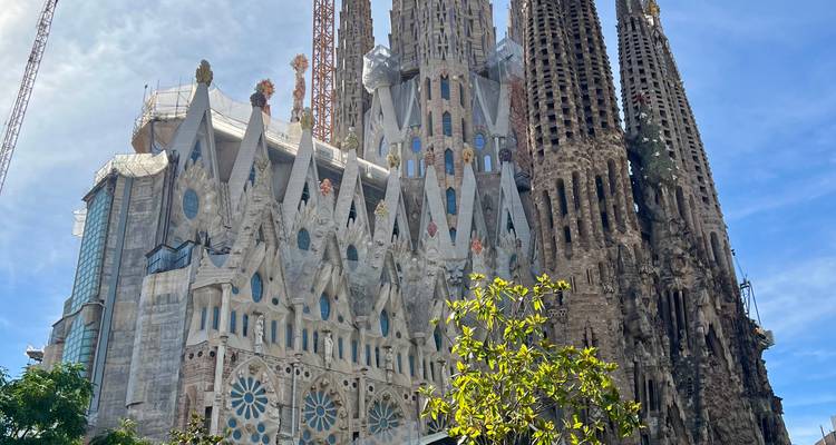 Exterior view of the towering spires and intricate façades of the Sagrada Familia under blue sky.