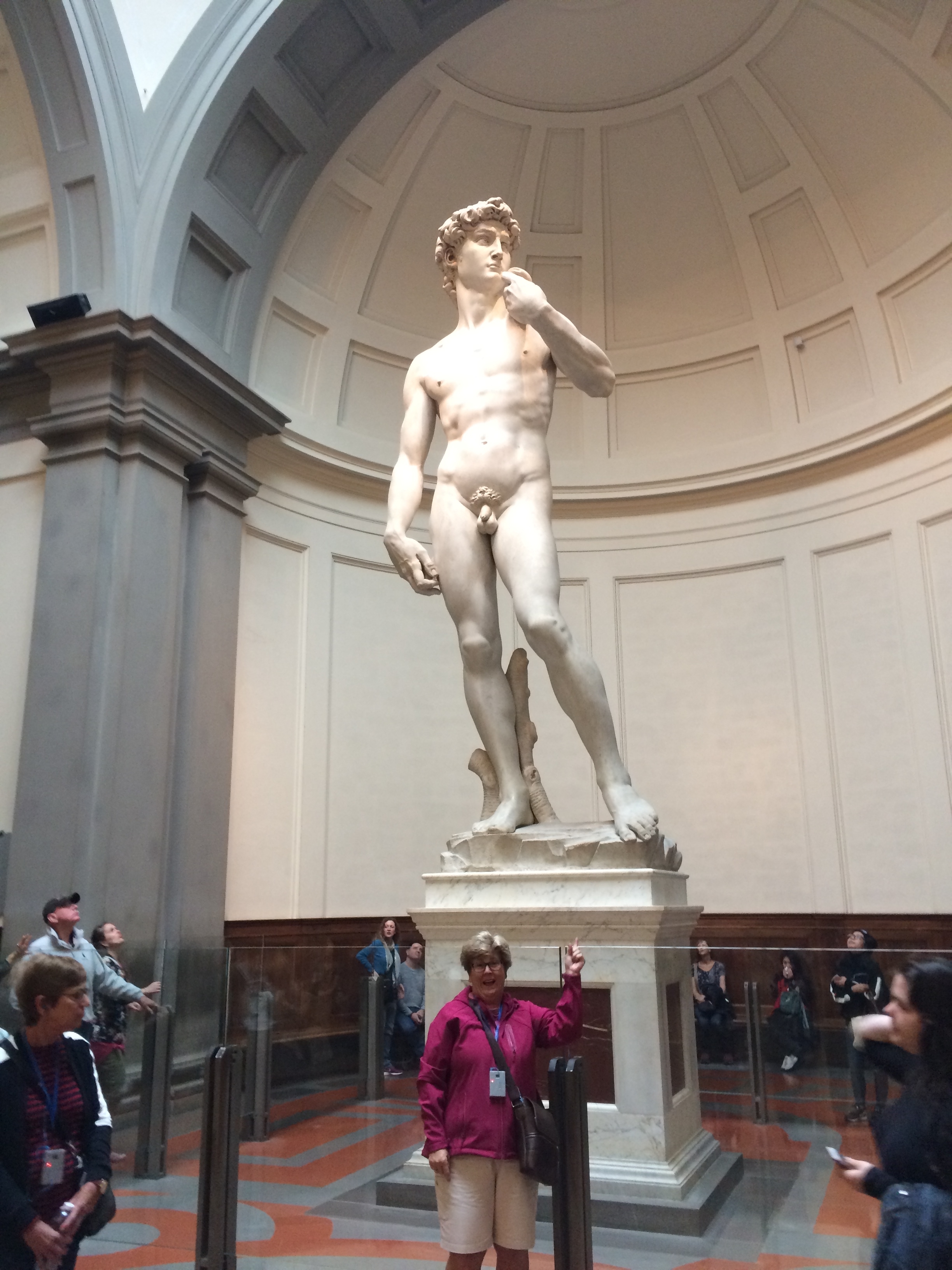 Statue of David in a museum setting.
