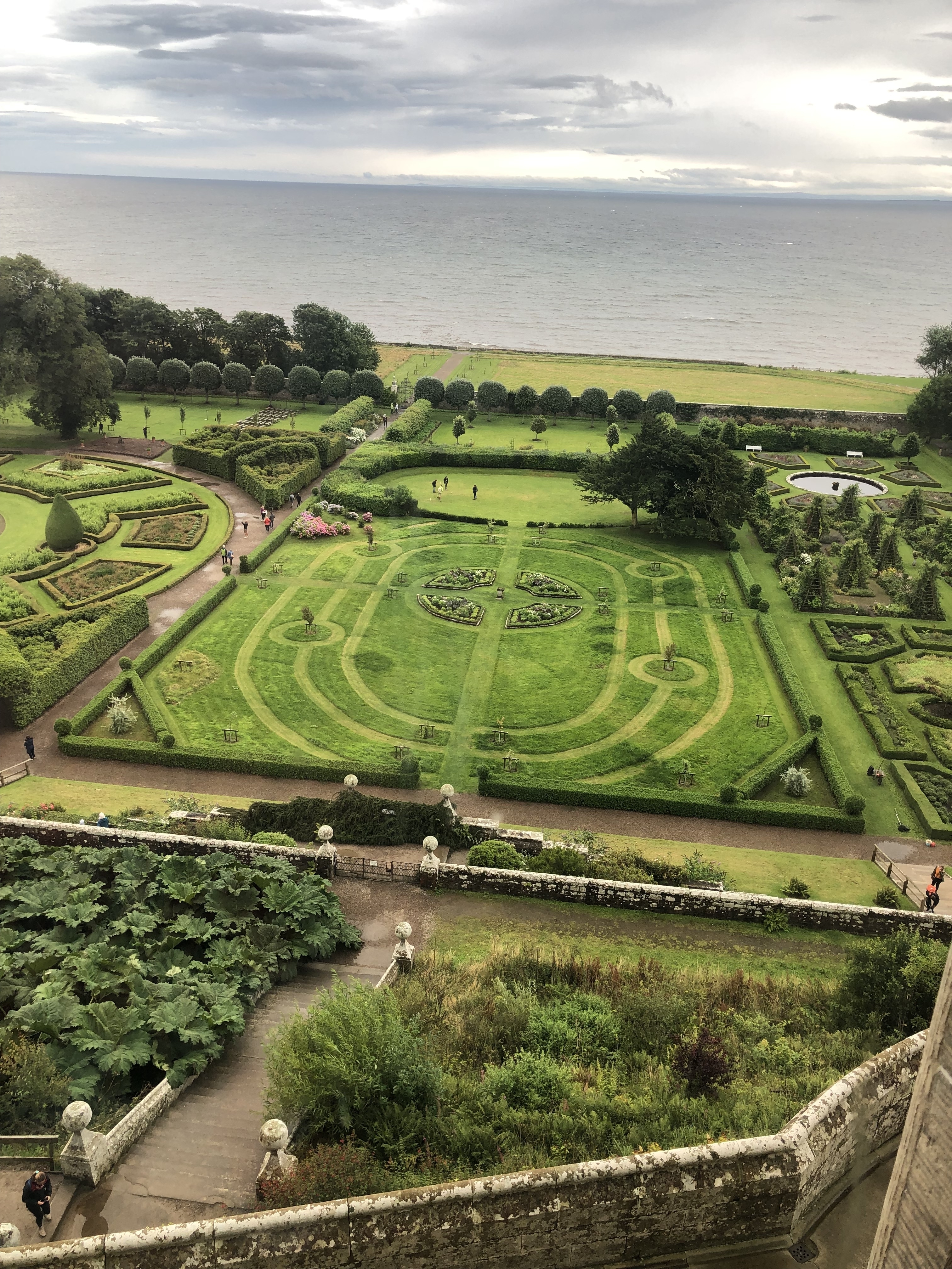Aerial view of an intricately designed garden with pathways