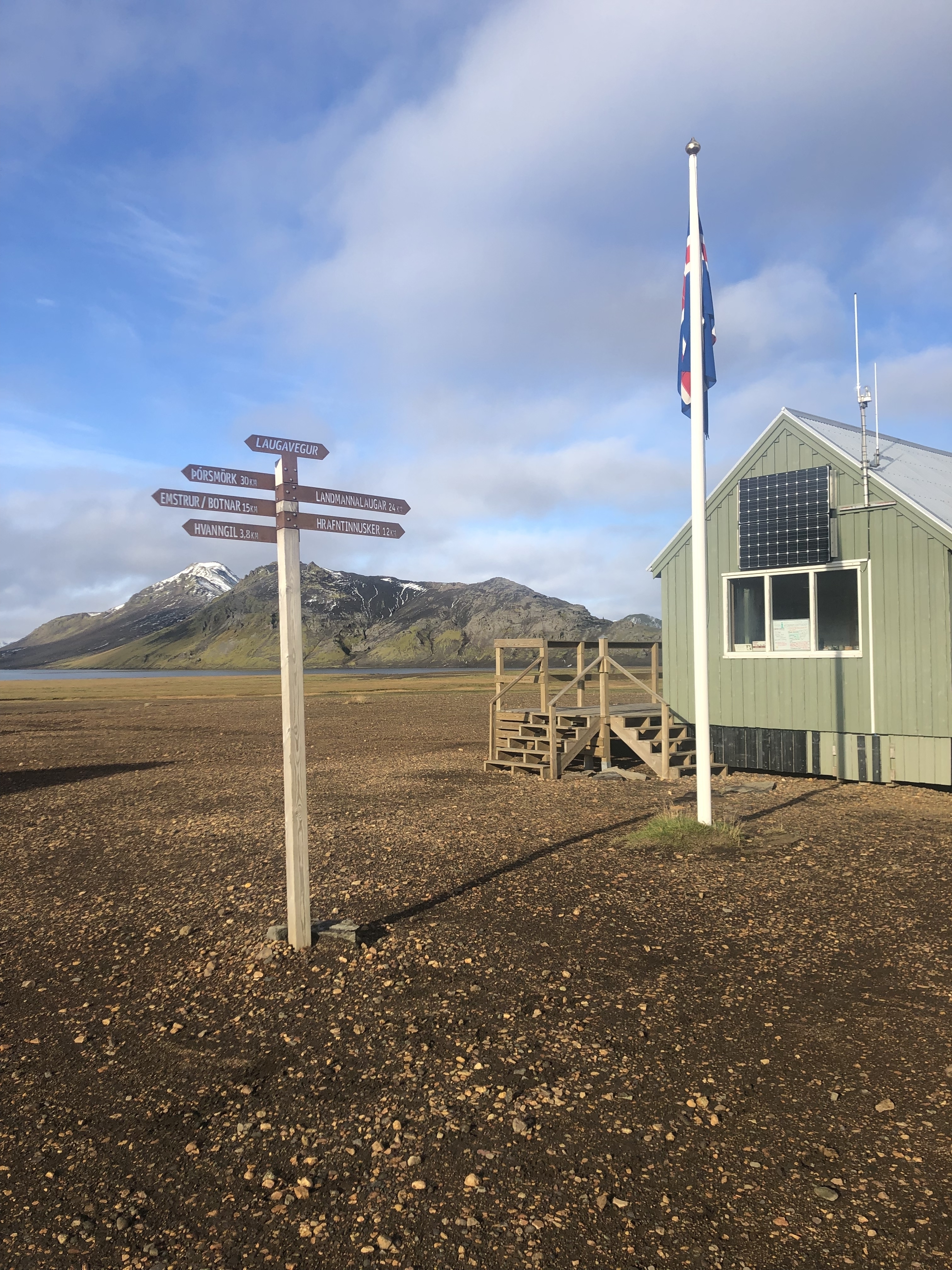 Signpost with directions and a small building in a remote area.