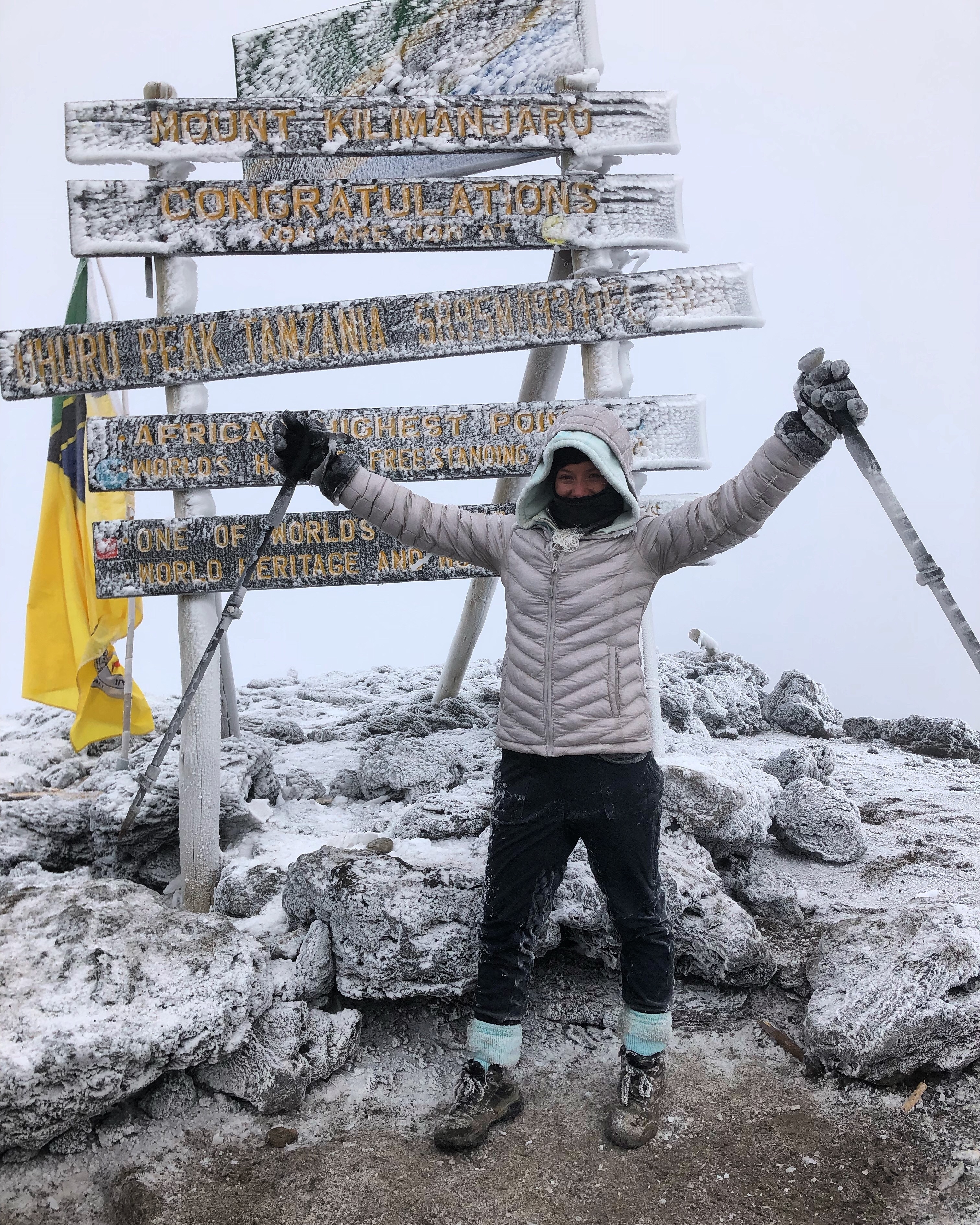 Person celebrating at the snowy summit with a sign displaying the world's highest point.