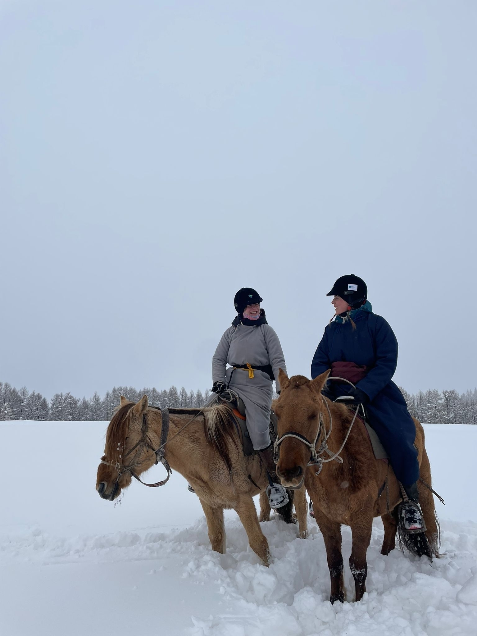 Two people on horseback in a snowy landscape.