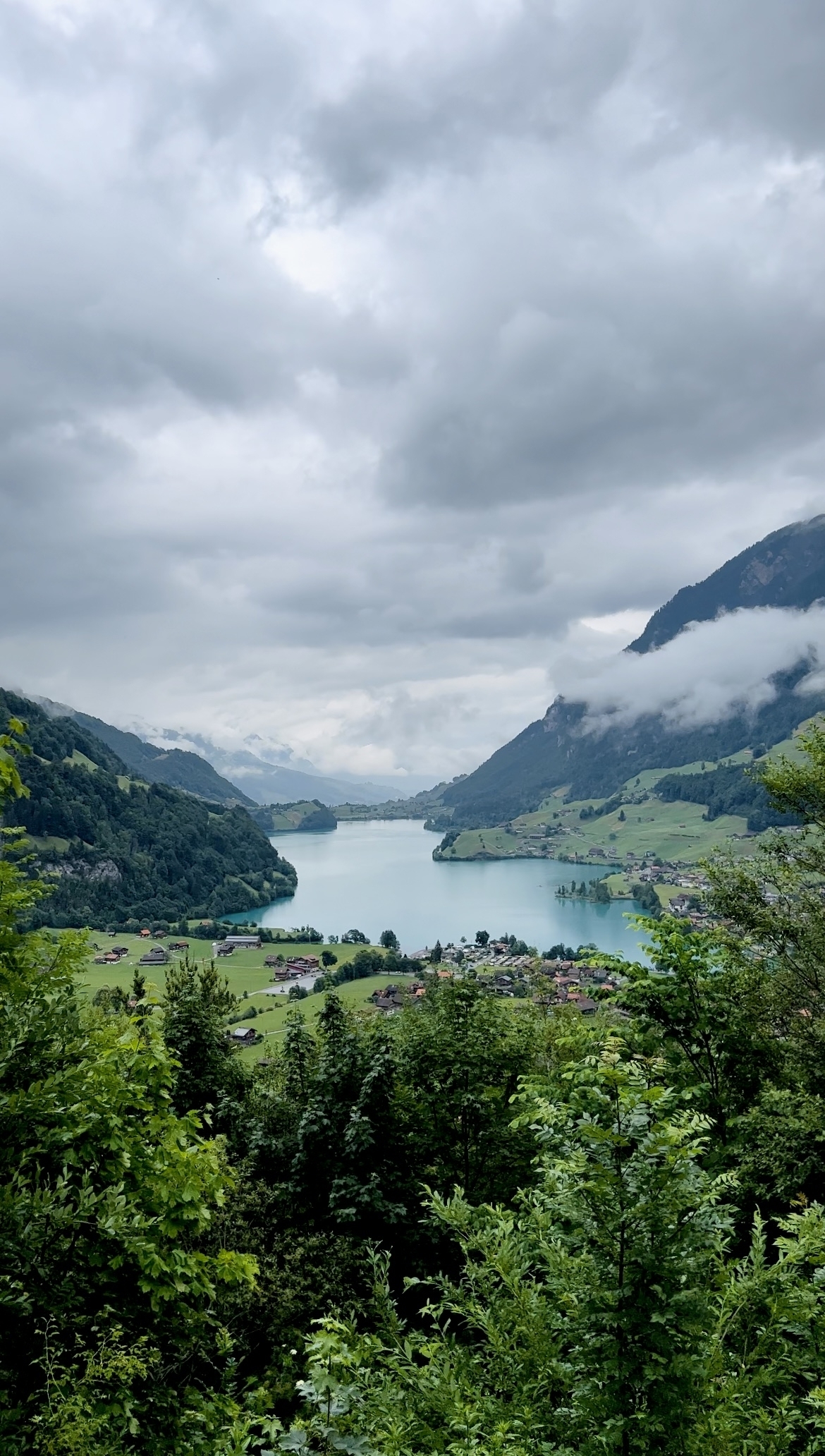 A serene lake view with mountains in the background.
