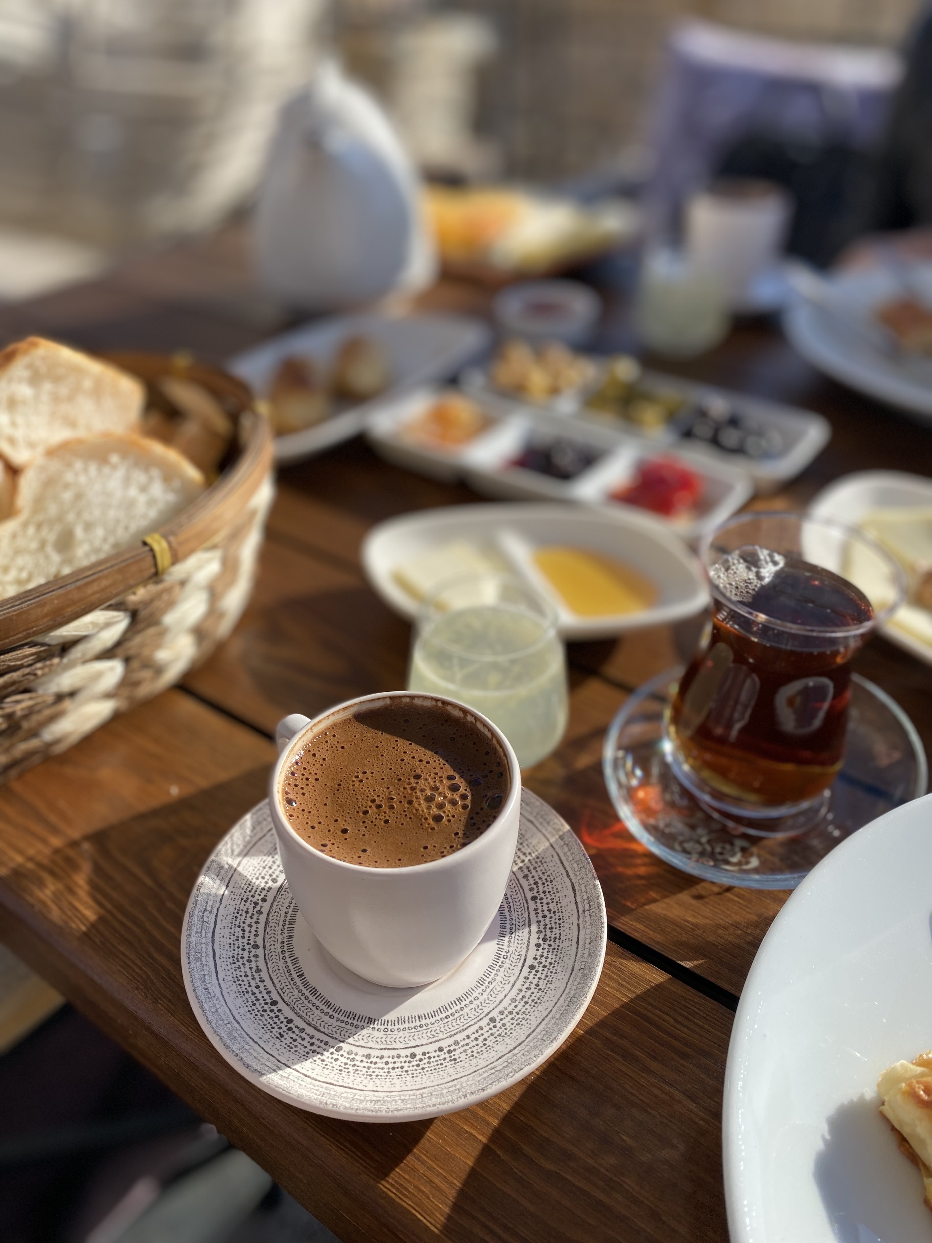 Traditional Turkish breakfast with coffee and tea.