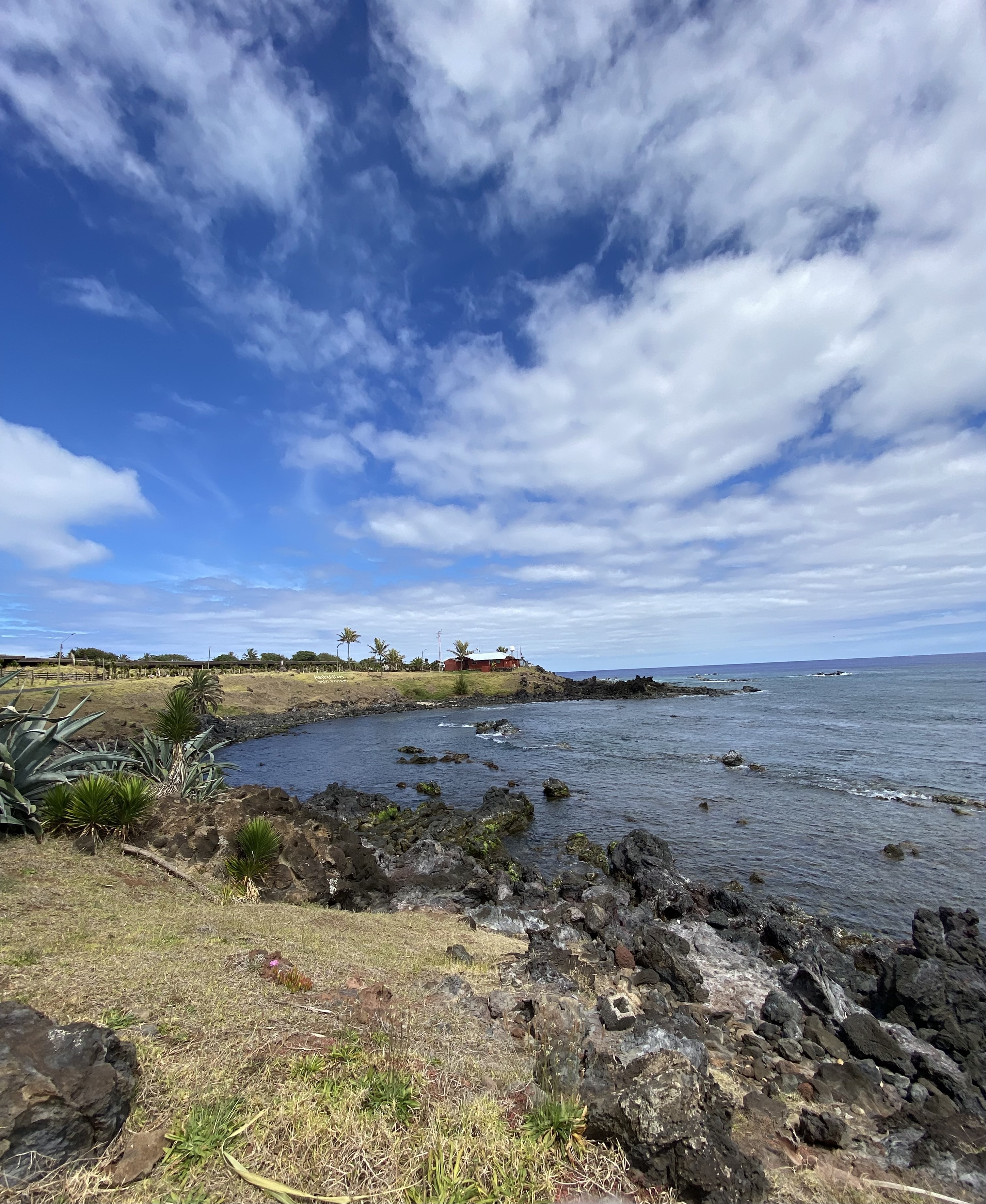 Scenic view of the coastline on Easter Island with rocky shores.