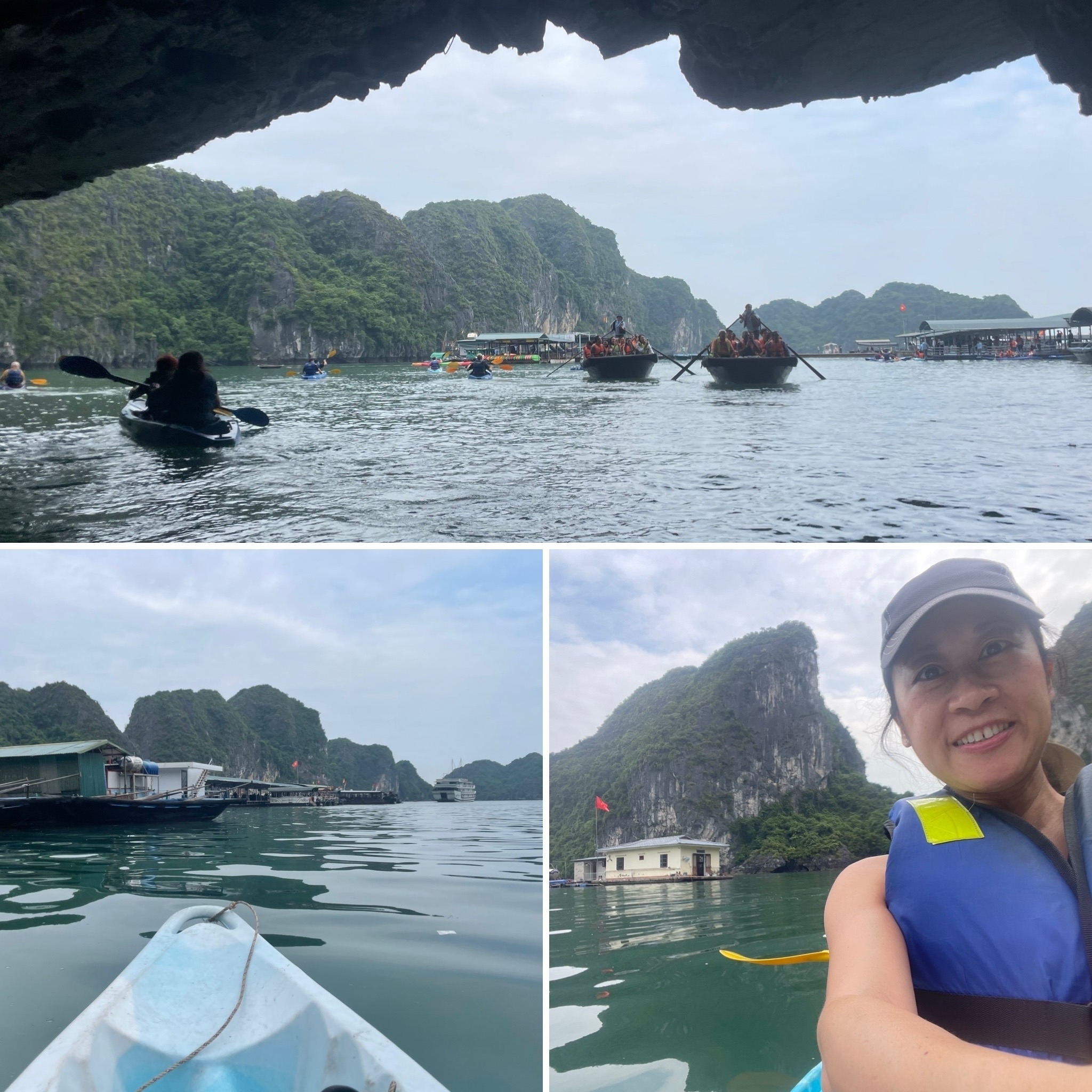 Scenic views of Halong Bay with people kayaking.