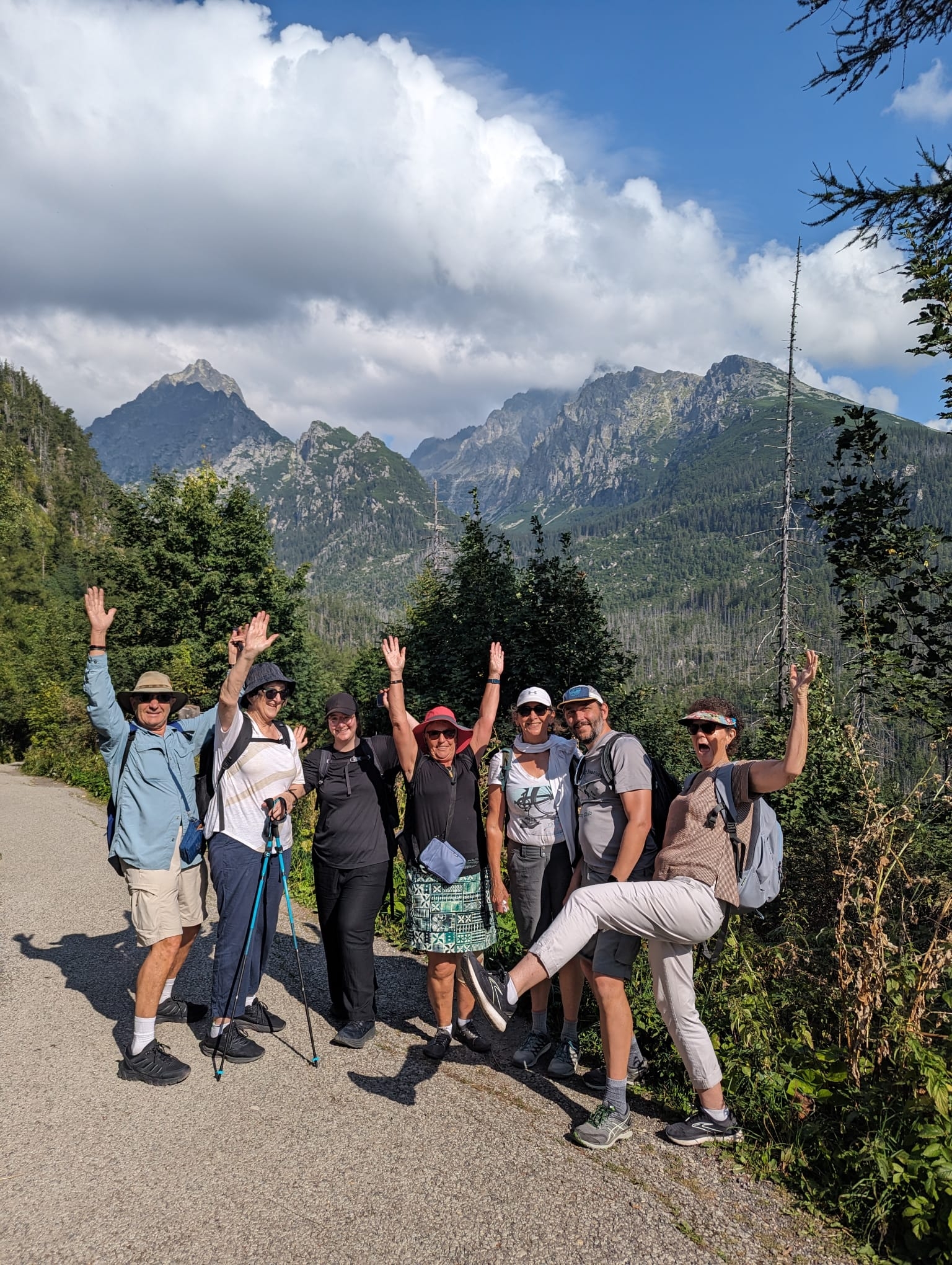 Group of hikers posing in front of a mountain landscape.