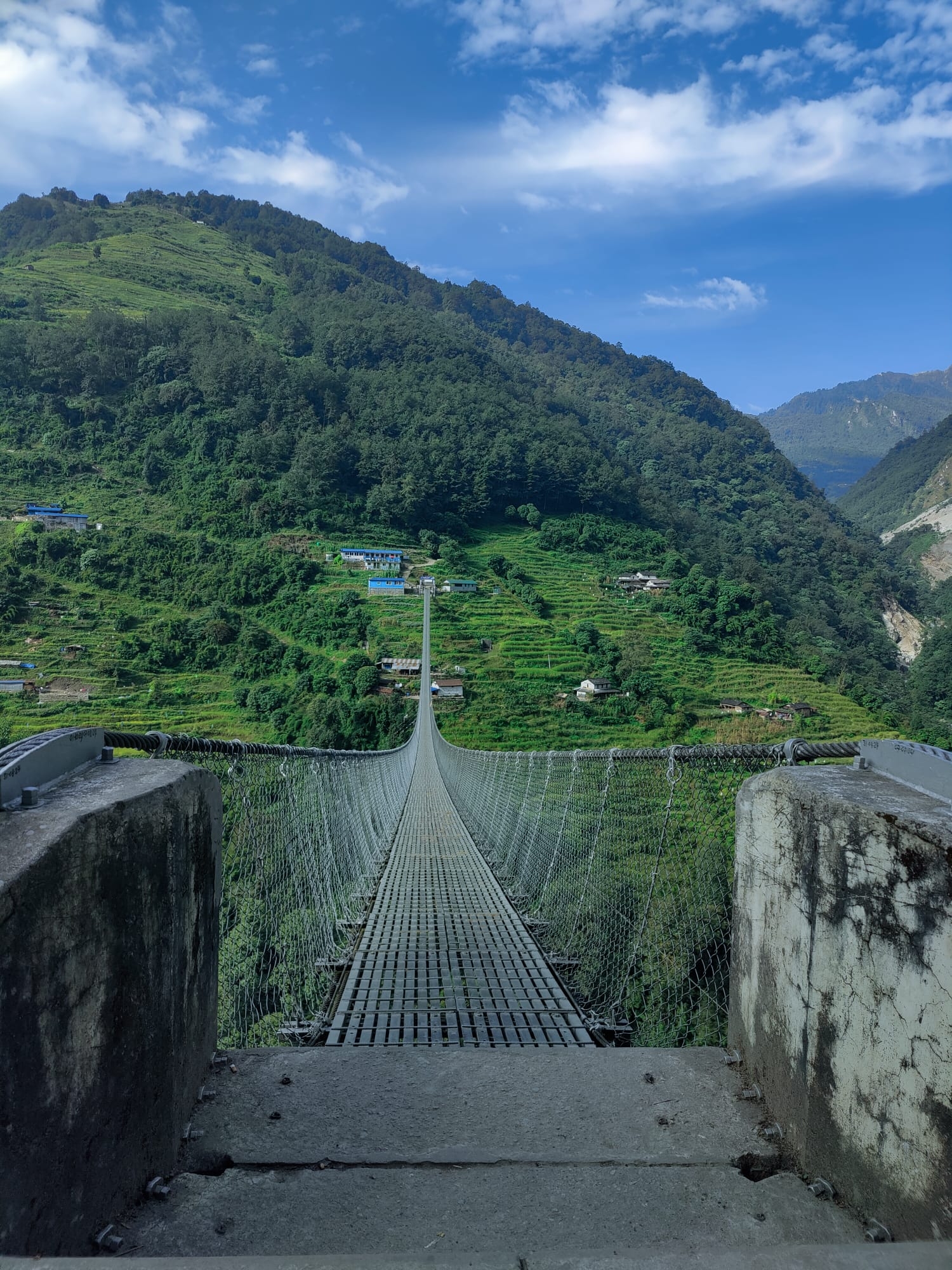 Suspension bridge over a lush green valley.