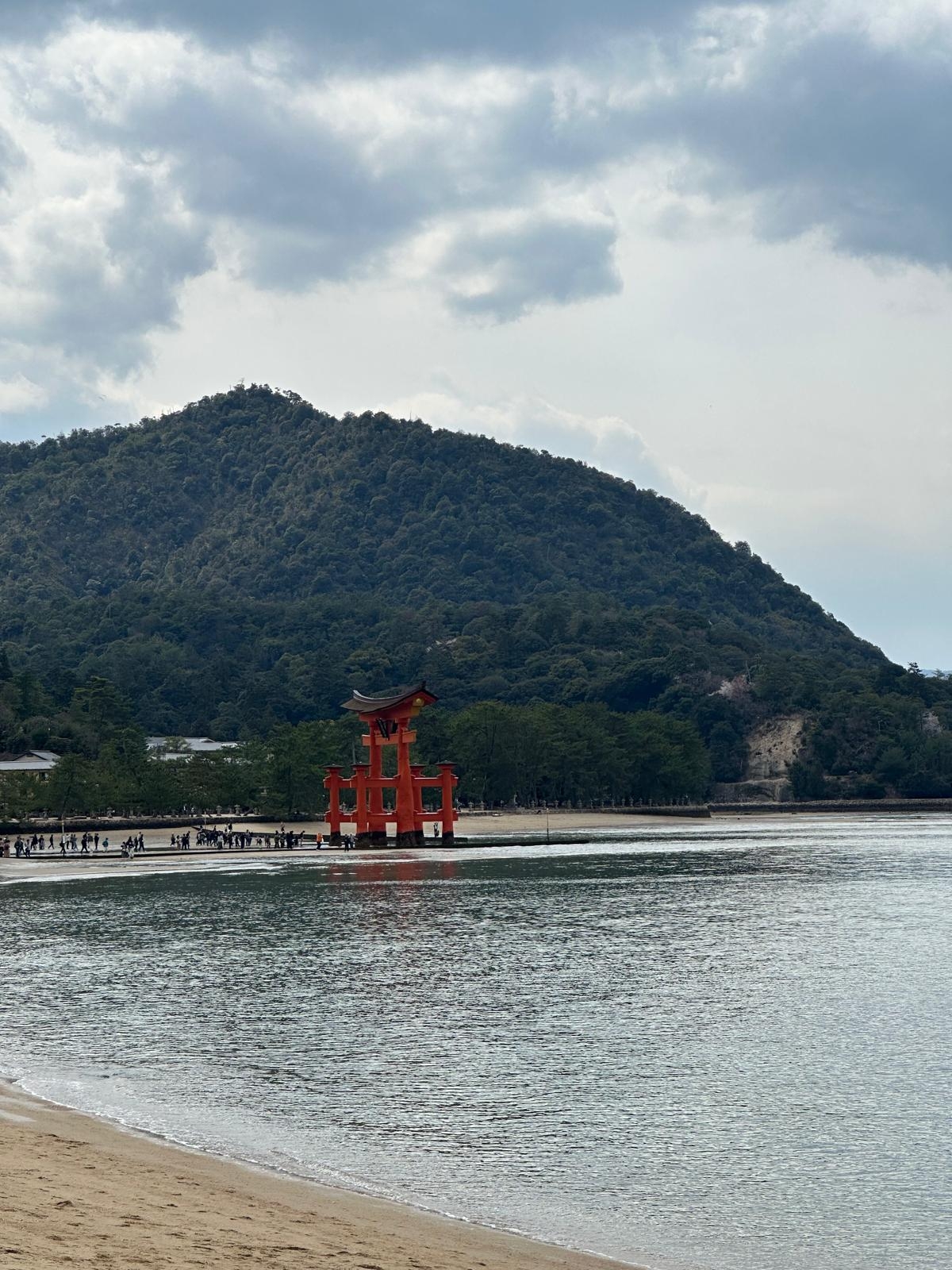 View of a torii gate in the water with a mountain in the background.