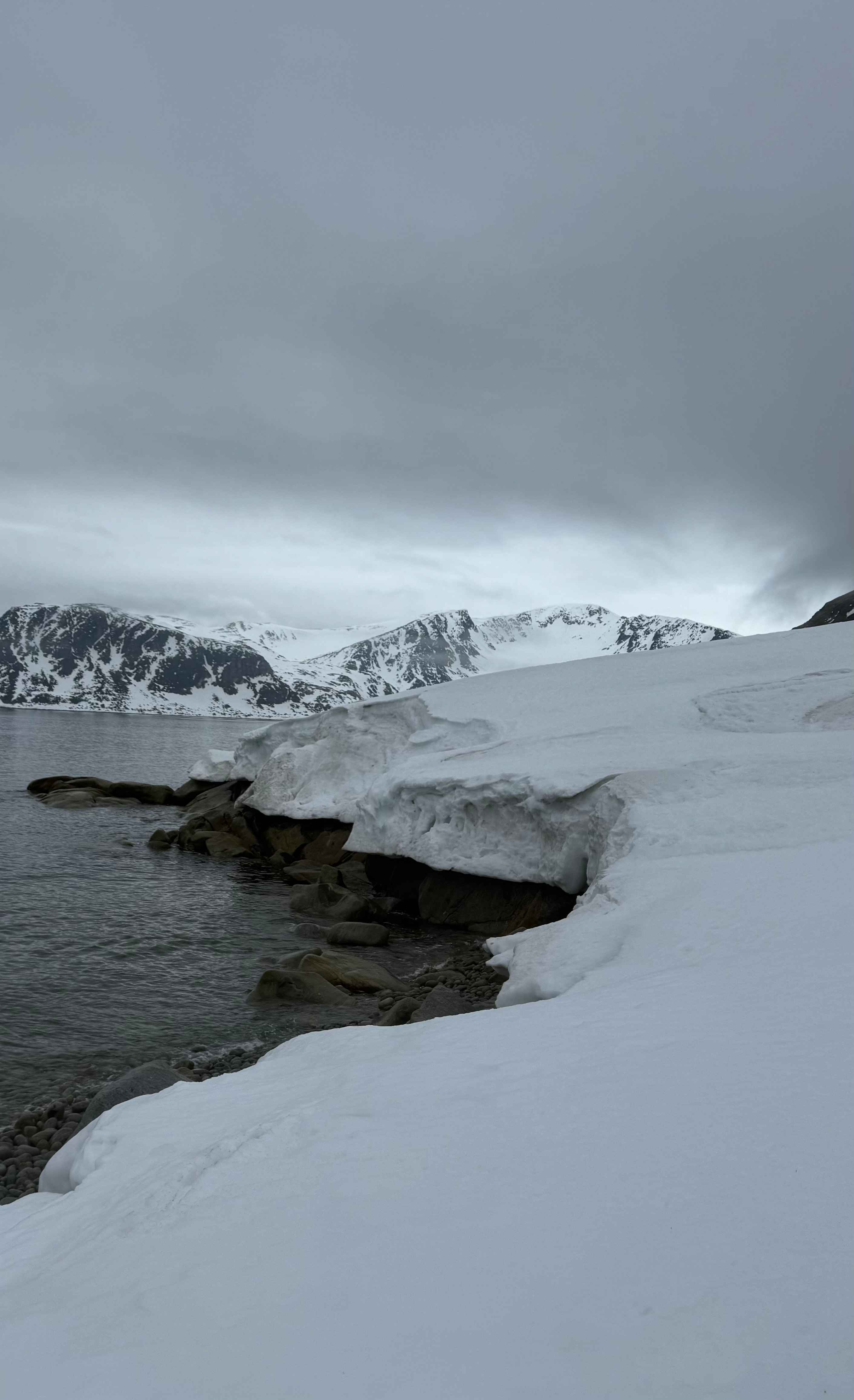 Snow-covered mountains by the ocean.