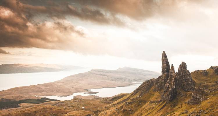 Moody sunset over the jagged rock pinnacles of the Old Man of Storr on the Isle of Skye.