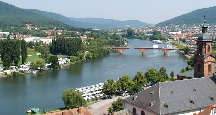 Wide river scene with a stone bridge, church tower and rolling green hills framing a tranquil town on the riverbank.