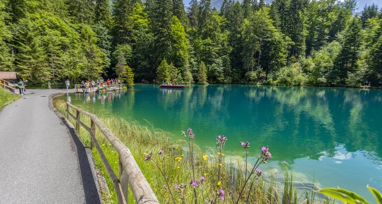 Un sentier pavé et une clôture en bois longent un lac forestier d'un turquoise éclatant parsemé de visiteurs.