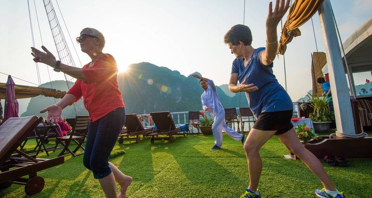 Personas practicando Tai Chi en la cubierta de un barco con un paisaje escénico de fondo.