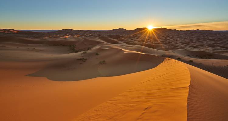 Golden sunrise over endless sand dunes of the Sahara near Merzouga casting long shadows