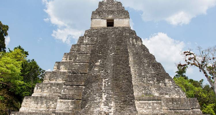 Imponente pirámide escalonada que se alza hacia un cielo parcialmente nublado en la selva