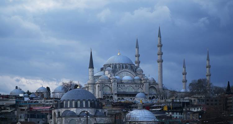 View of the Suleymaniye Mosque with minarets against a cloudy sky.