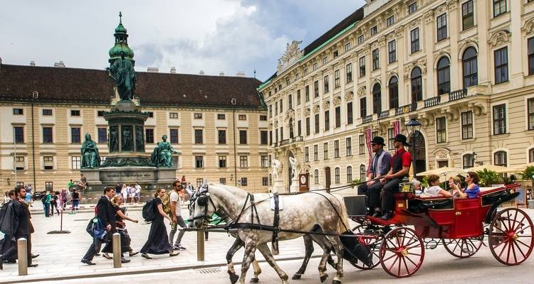 Horse-drawn carriage in front of a historic building with a statue in Vienna.