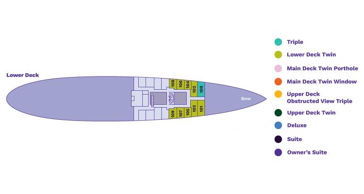 Plan du pont inférieur d'un navire de croisière indiquant l'orientation de la proue et les cabines.