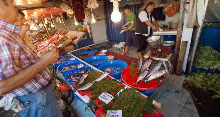 Marché aux poissons animé d'Istanbul avec des fruits de mer frais exposés dans des bacs colorés sous des ampoules chaudes suspendues.