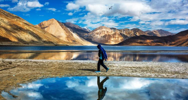 Traveler walks beside the reflective waters of Pangong Lake flanked by barren peaks.
