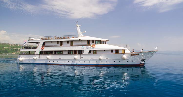 Un navire de croisière naviguant sur la mer bleue limpide sous un ciel dégagé.