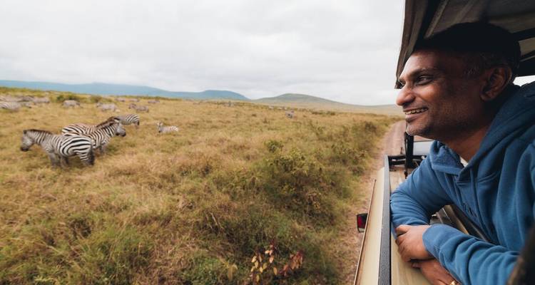 Voyageur se penchant hors d'un véhicule de safari observant des zèbres à travers une vaste plaine cratérique