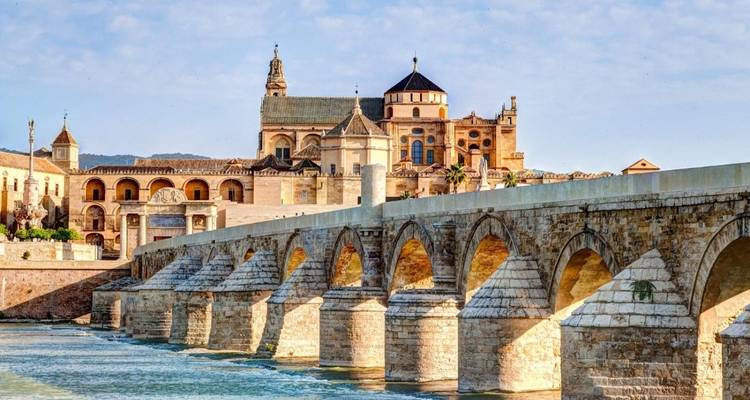 Eine historische Brücke und Kathedrale bei klarem Himmel.