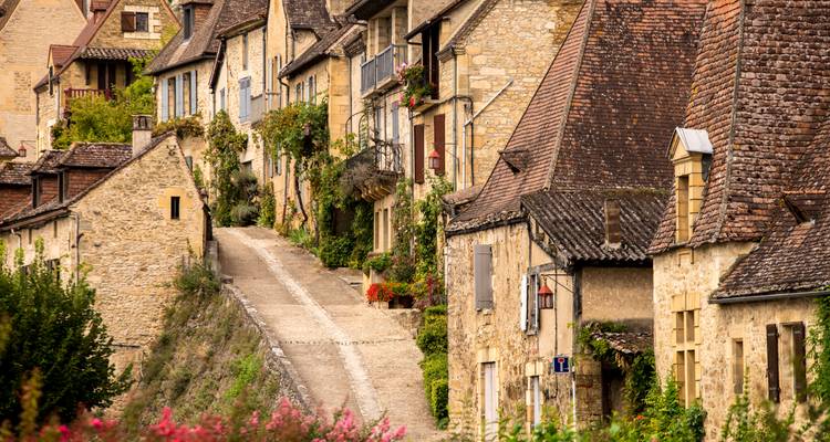 Un callejón estrecho y empinado bordeado de casitas de piedra dorada y techos de tejas sube serpenteando a través de un pintoresco pueblo medieval.