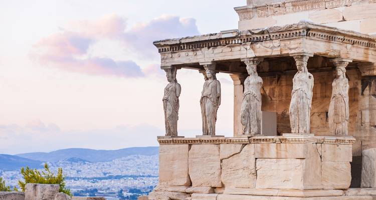 Close-up of the Porch of the Caryatids on the Erechtheion temple overlooking Athens.