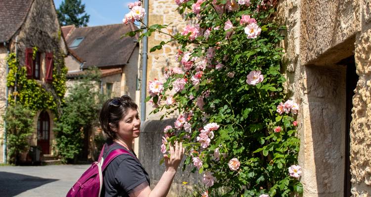 Un viajero admira rosas rosadas en flor trepando por un muro de piedra en un pintoresco callejón de un pueblo francés.