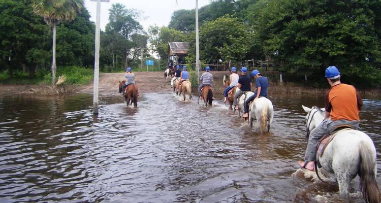Personas a caballo cabalgando por un sendero de aguas poco profundas.