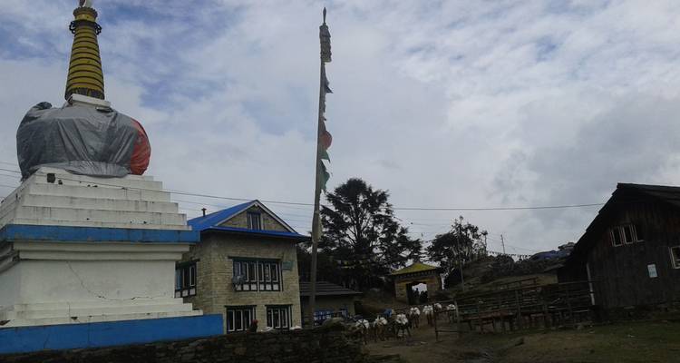 Klein dorpje met een stupa en gebedsvlaggen.