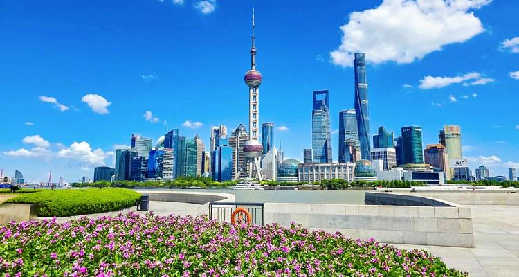 Panorama lumineux de jour de la skyline de Shanghai avec la Tour de la Perle Orientale s'élevant au-dessus de parterres de fleurs soignés.