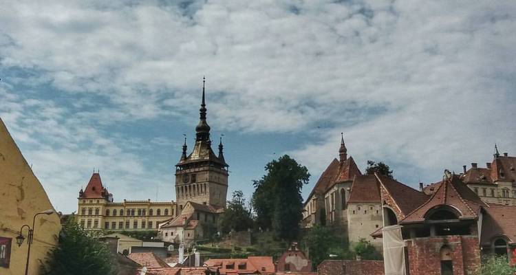 A picturesque scene of Sighisoara, Romania, with old buildings.