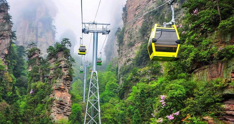 Bright yellow cable cars glide between misty sandstone spires covered in dense vegetation