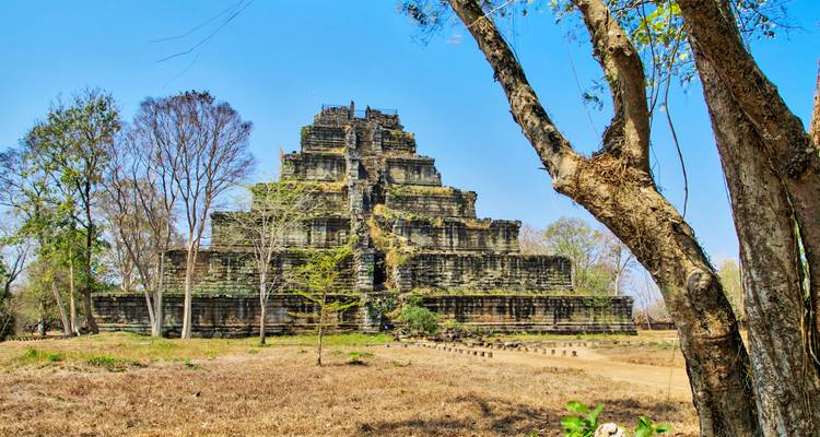 Temple antique avec un ciel bleu clair et un arbre au premier plan