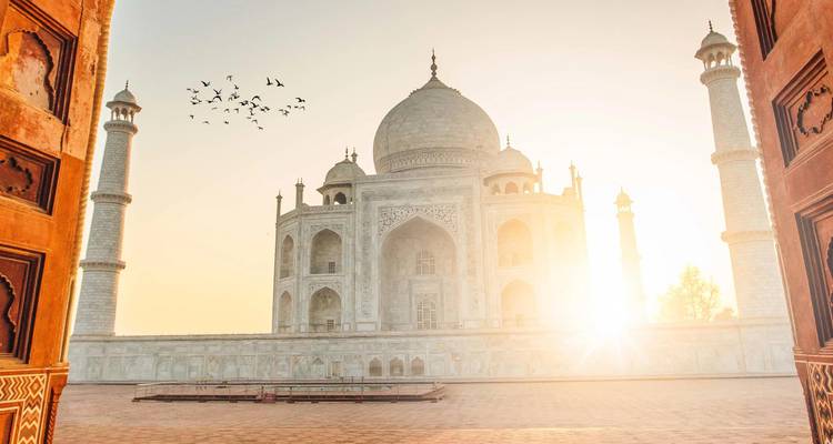 Glowing sunrise composition of the Taj Mahal framed by ornate sandstone portals with birds in flight.