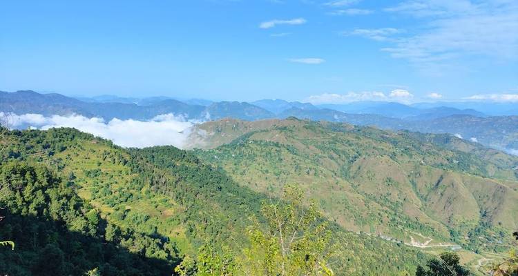 Vue panoramique sur des collines verdoyantes et des montagnes au loin.