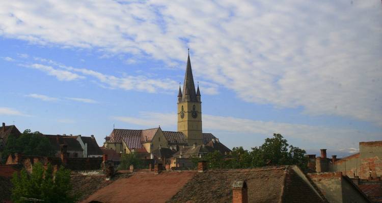Zicht op een kerktoren over daken in een historische stad.